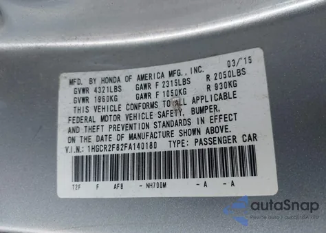 2015 Honda Accord Ex-L z USA, uszkodzony, nr VIN 1HGCR2F82FA140180